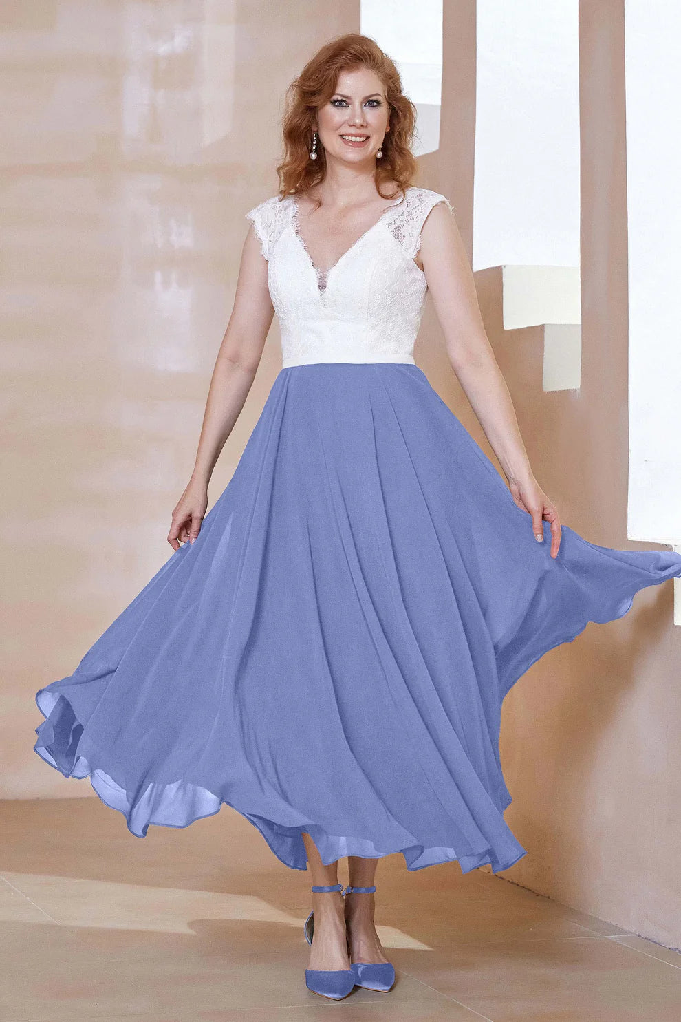 Two-Tone A-Line V-Neck Chiffon Mother of the Bride Dress with Lace Bodice