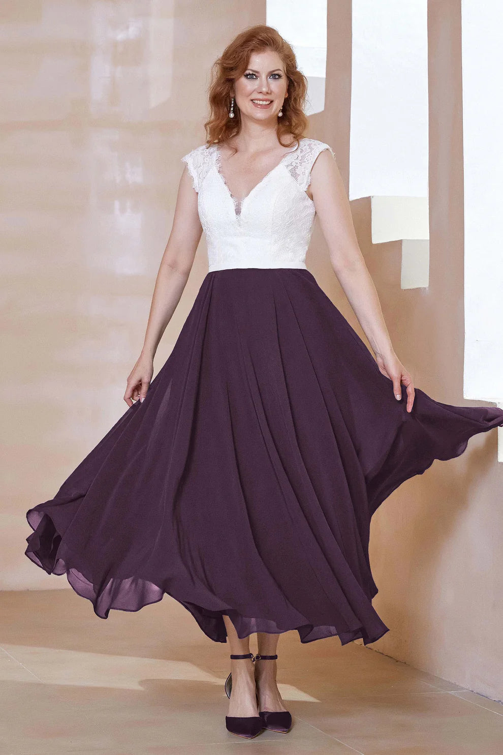Two-Tone A-Line V-Neck Chiffon Mother of the Bride Dress with Lace Bodice