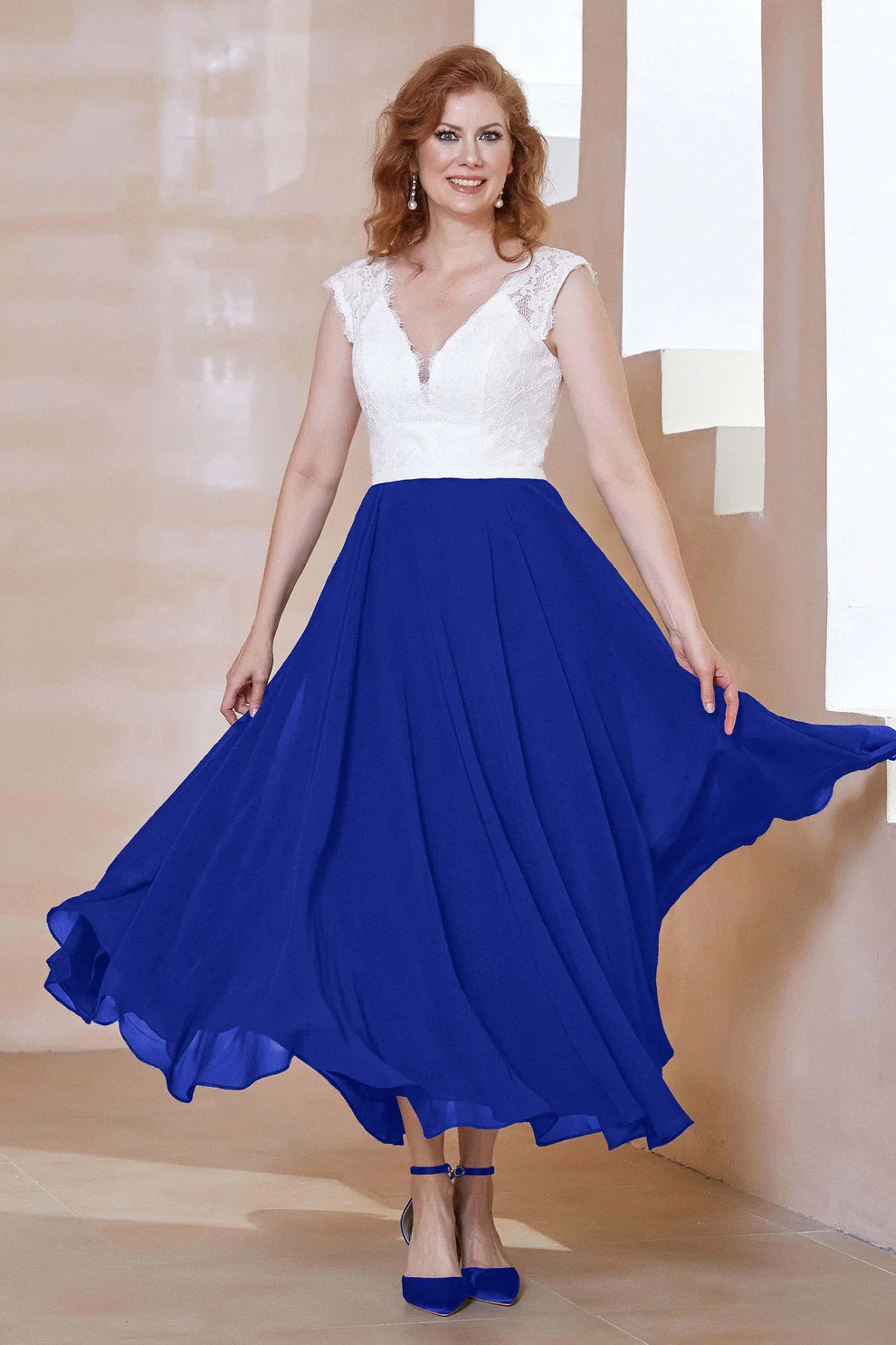 Two-Tone A-Line V-Neck Chiffon Mother of the Bride Dress with Lace Bodice