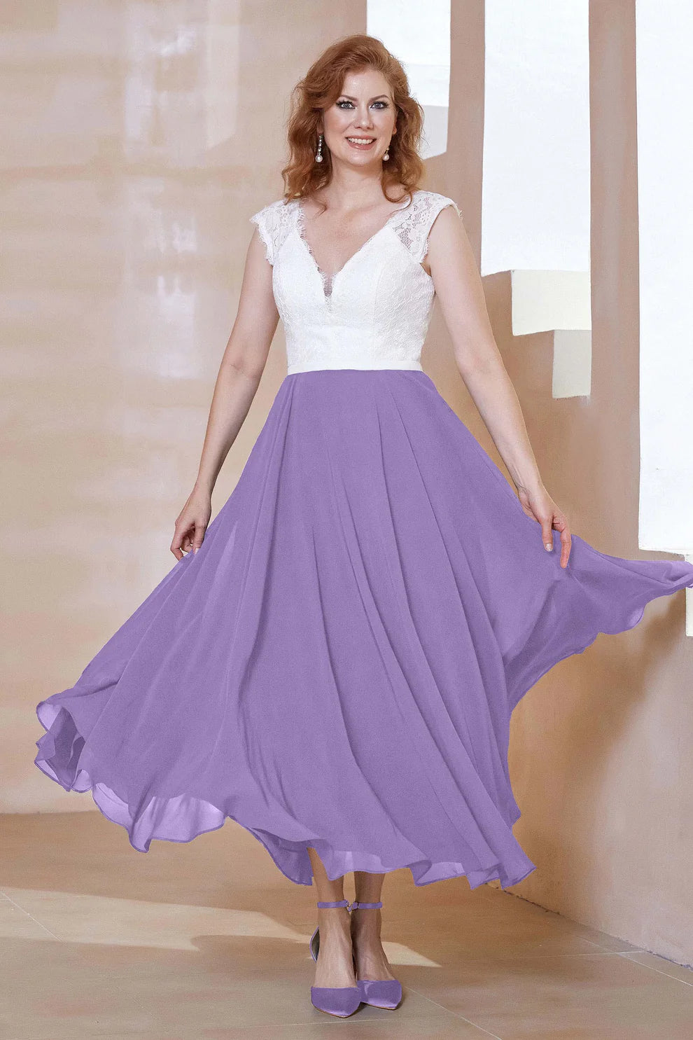 Two-Tone A-Line V-Neck Chiffon Mother of the Bride Dress with Lace Bodice