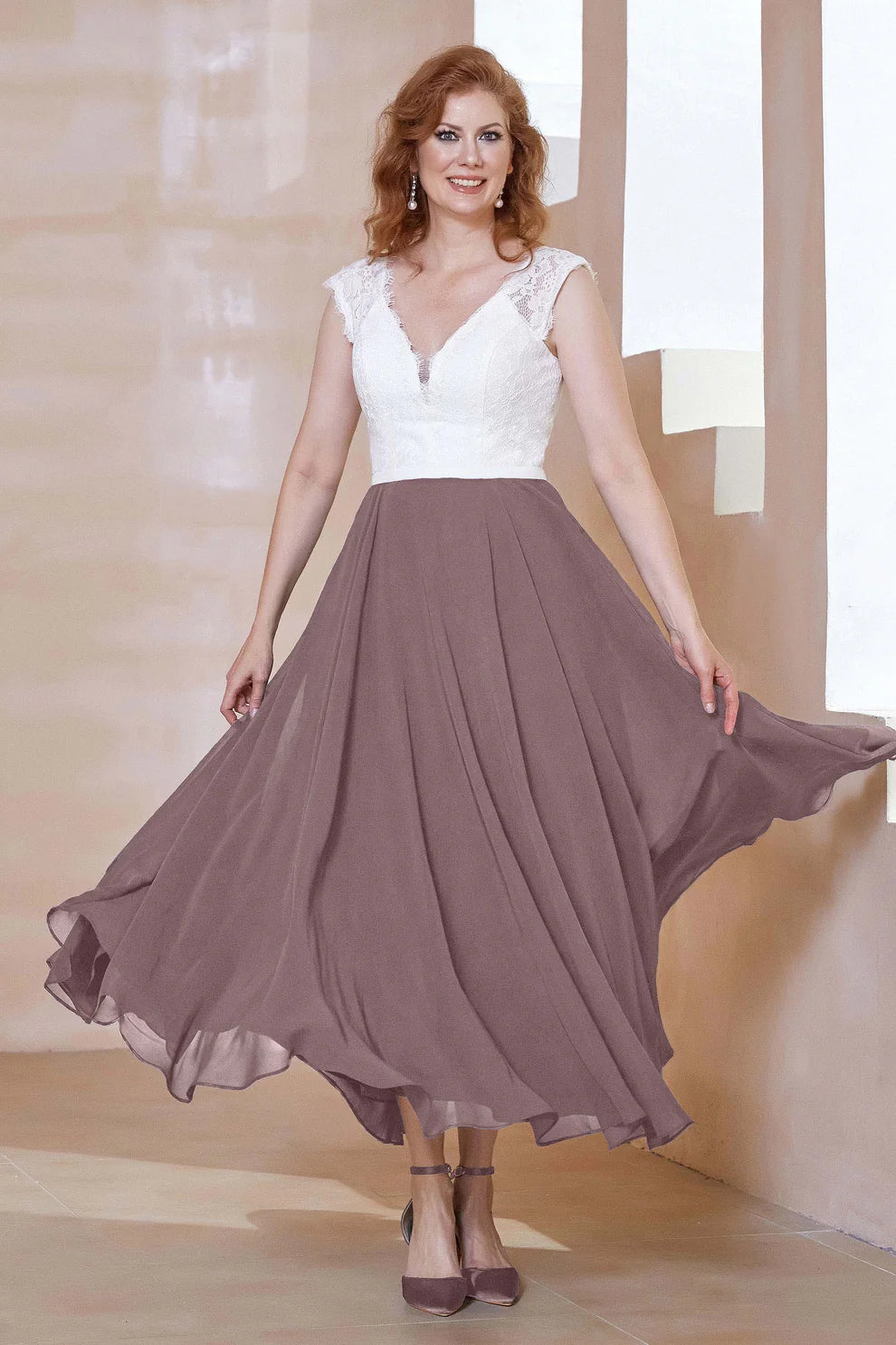 Two-Tone A-Line V-Neck Chiffon Mother of the Bride Dress with Lace Bodice