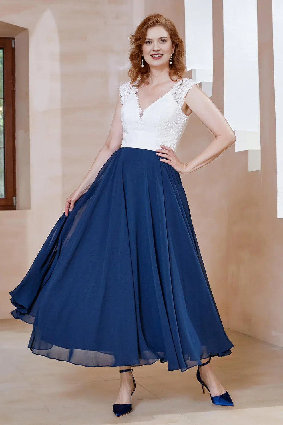 Two-Tone A-Line V-Neck Chiffon Mother of the Bride Dress with Lace Bodice