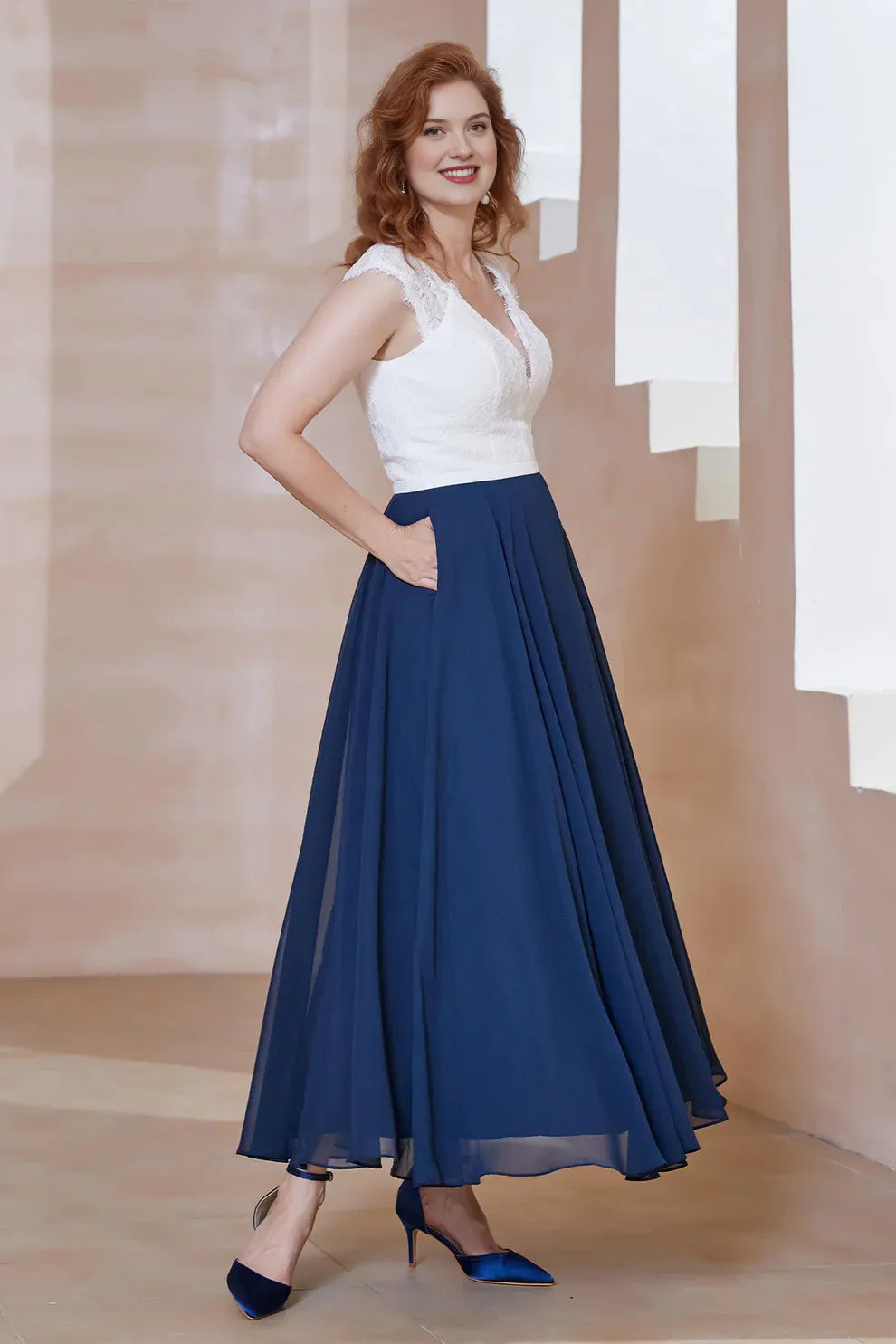 Two-Tone A-Line V-Neck Chiffon Mother of the Bride Dress with Lace Bodice