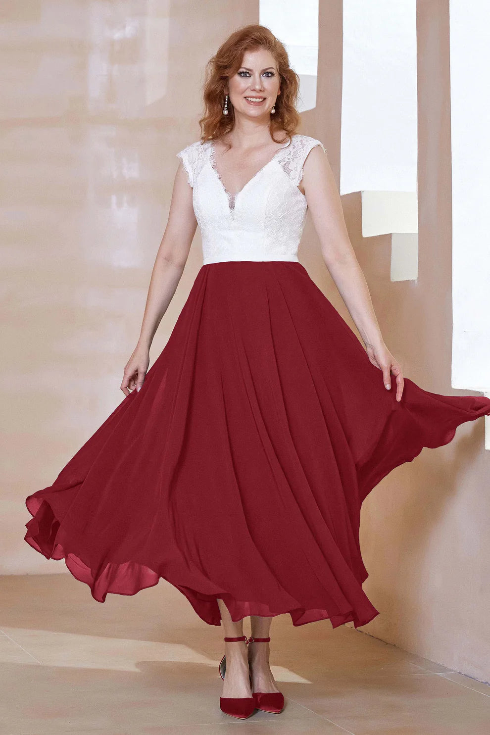 Two-Tone A-Line V-Neck Chiffon Mother of the Bride Dress with Lace Bodice