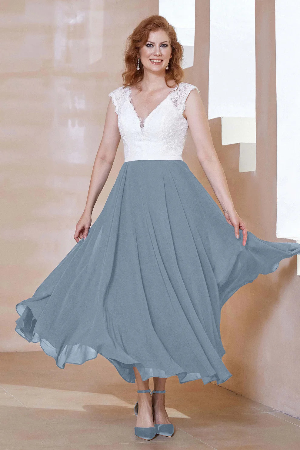 Two-Tone A-Line V-Neck Chiffon Mother of the Bride Dress with Lace Bodice