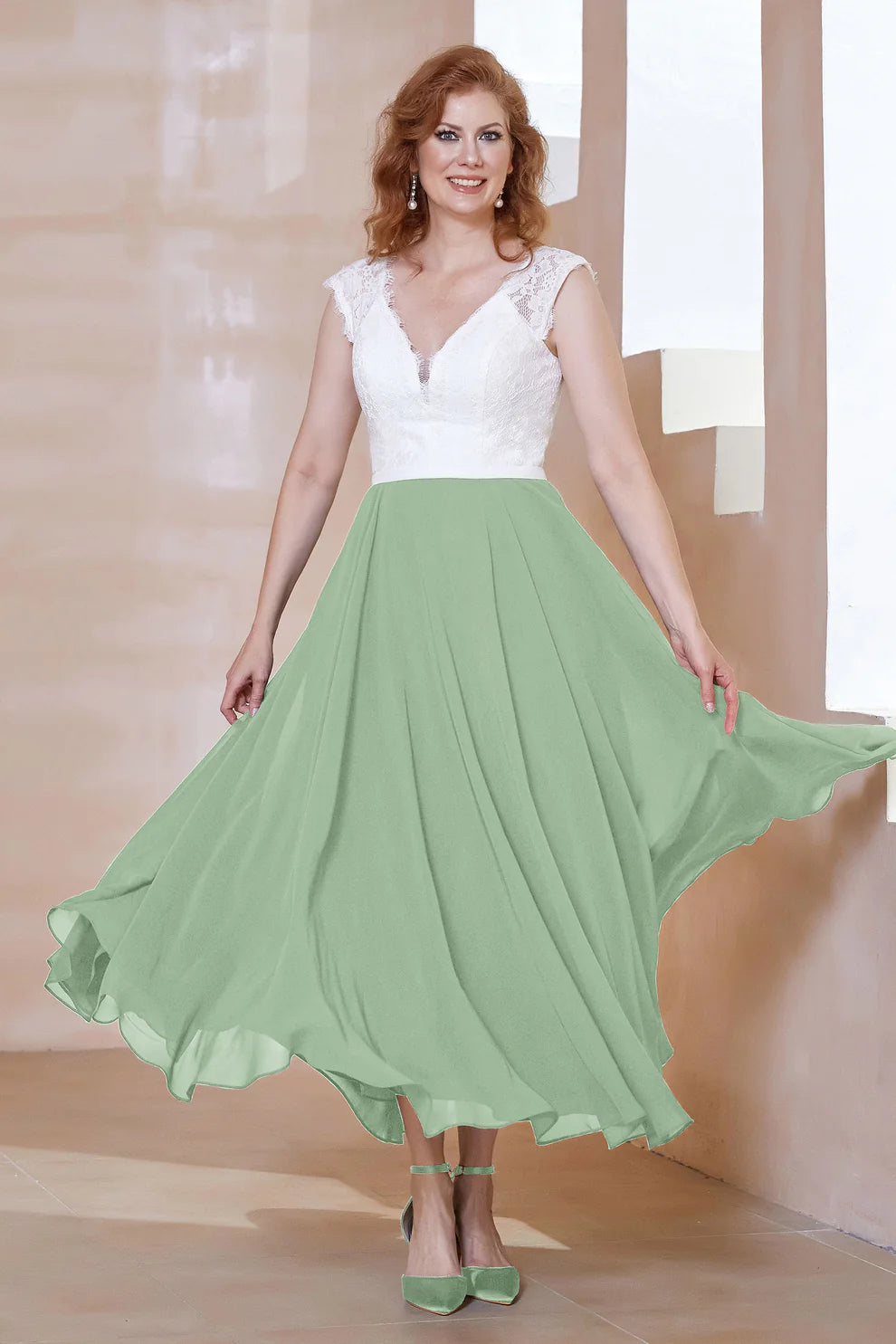 Two-Tone A-Line V-Neck Chiffon Mother of the Bride Dress with Lace Bodice