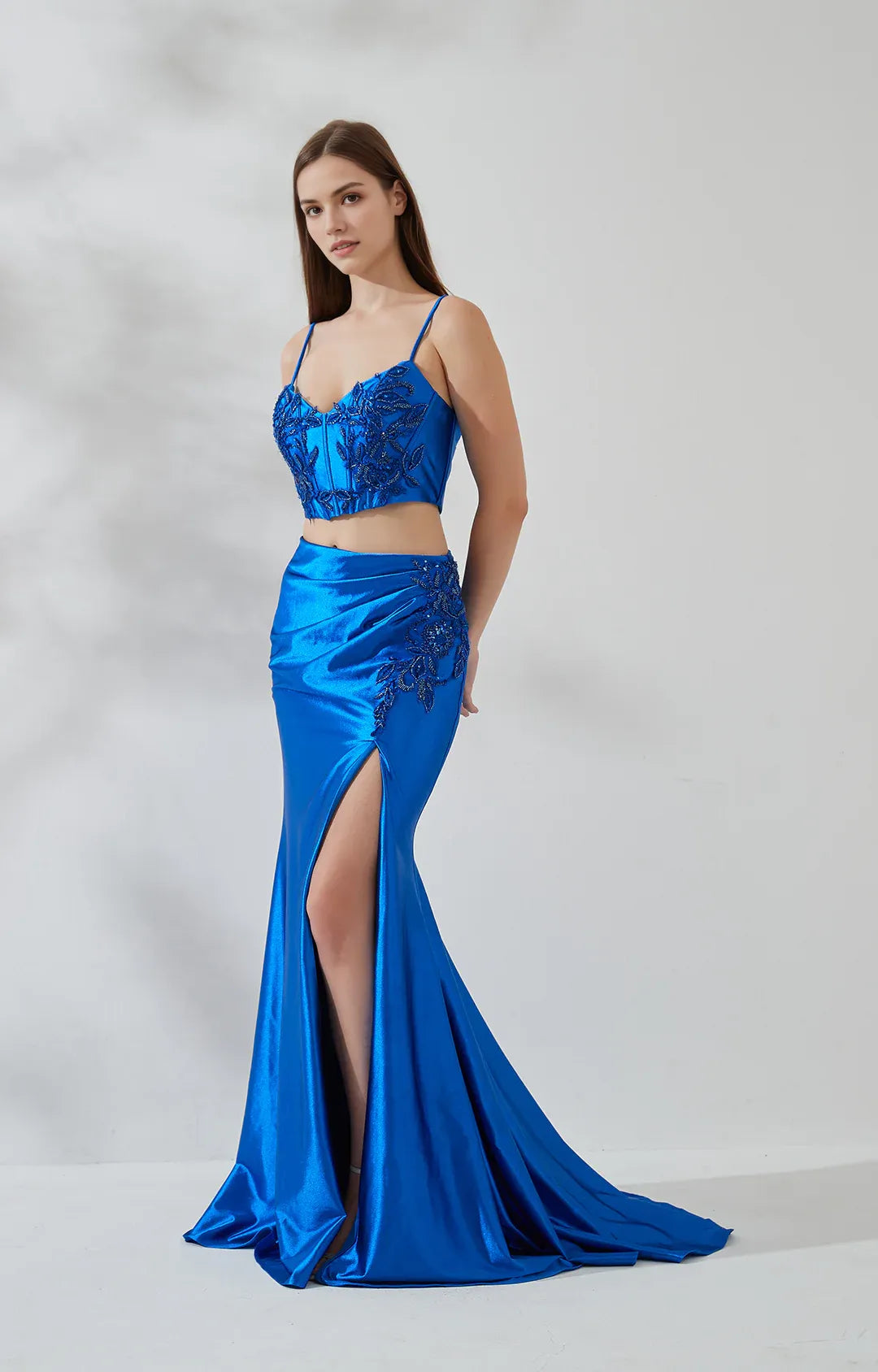 TwoPiece Sweetheart Sleeveless Satin Floor-Length HighSlit Prom Dress