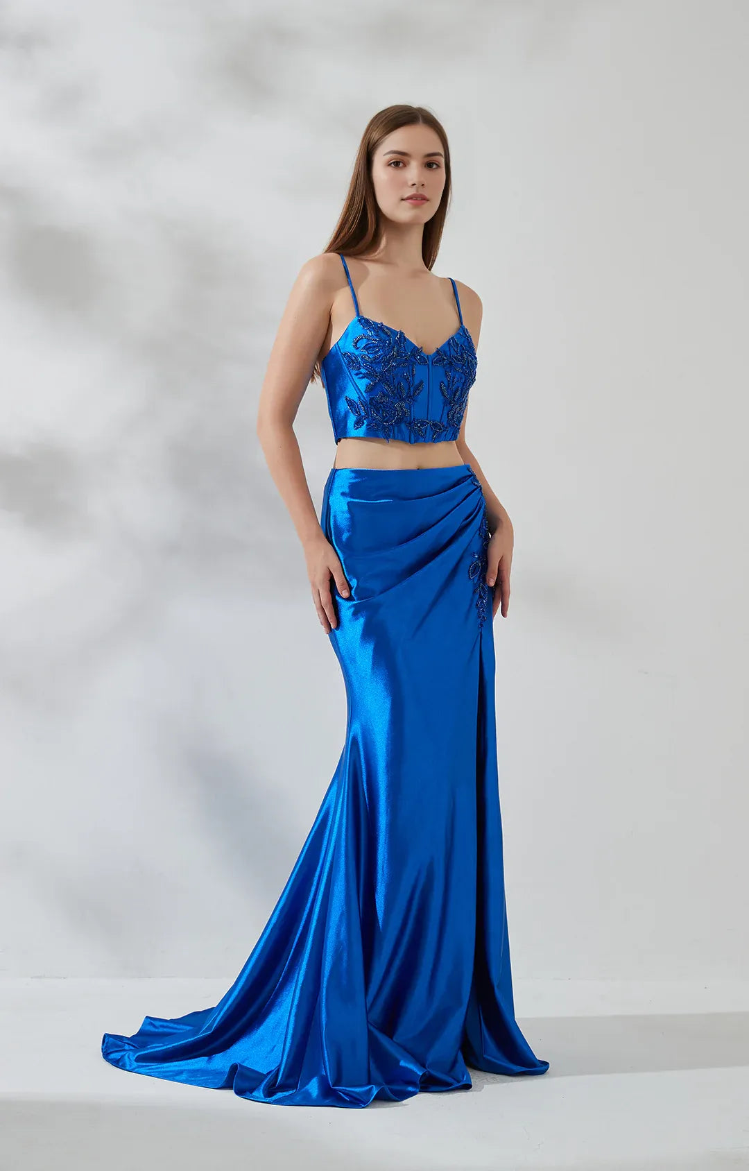 TwoPiece Sweetheart Sleeveless Satin Floor-Length HighSlit Prom Dress