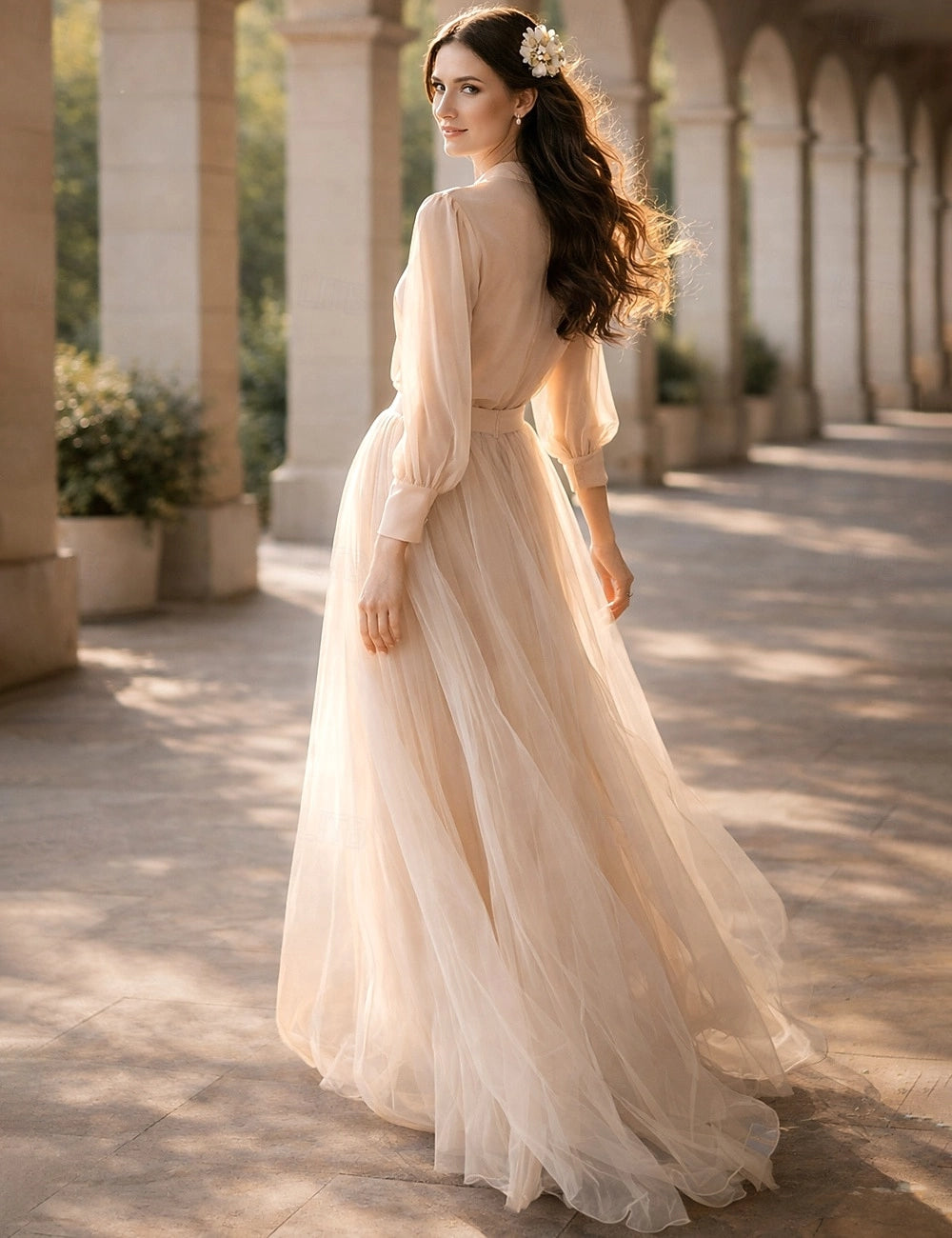 Vedress modest flowy tulle formal prom dress solid plain back rear side view