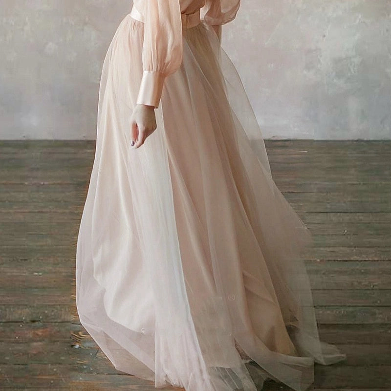 Chiffon ALine Stand Neck Puff Sleeve Plain Back Maxi Prom Dress