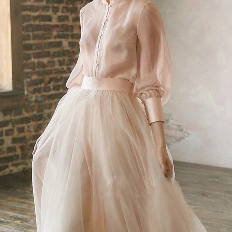Chiffon ALine Stand Neck Puff Sleeve Plain Back Maxi Prom Dress