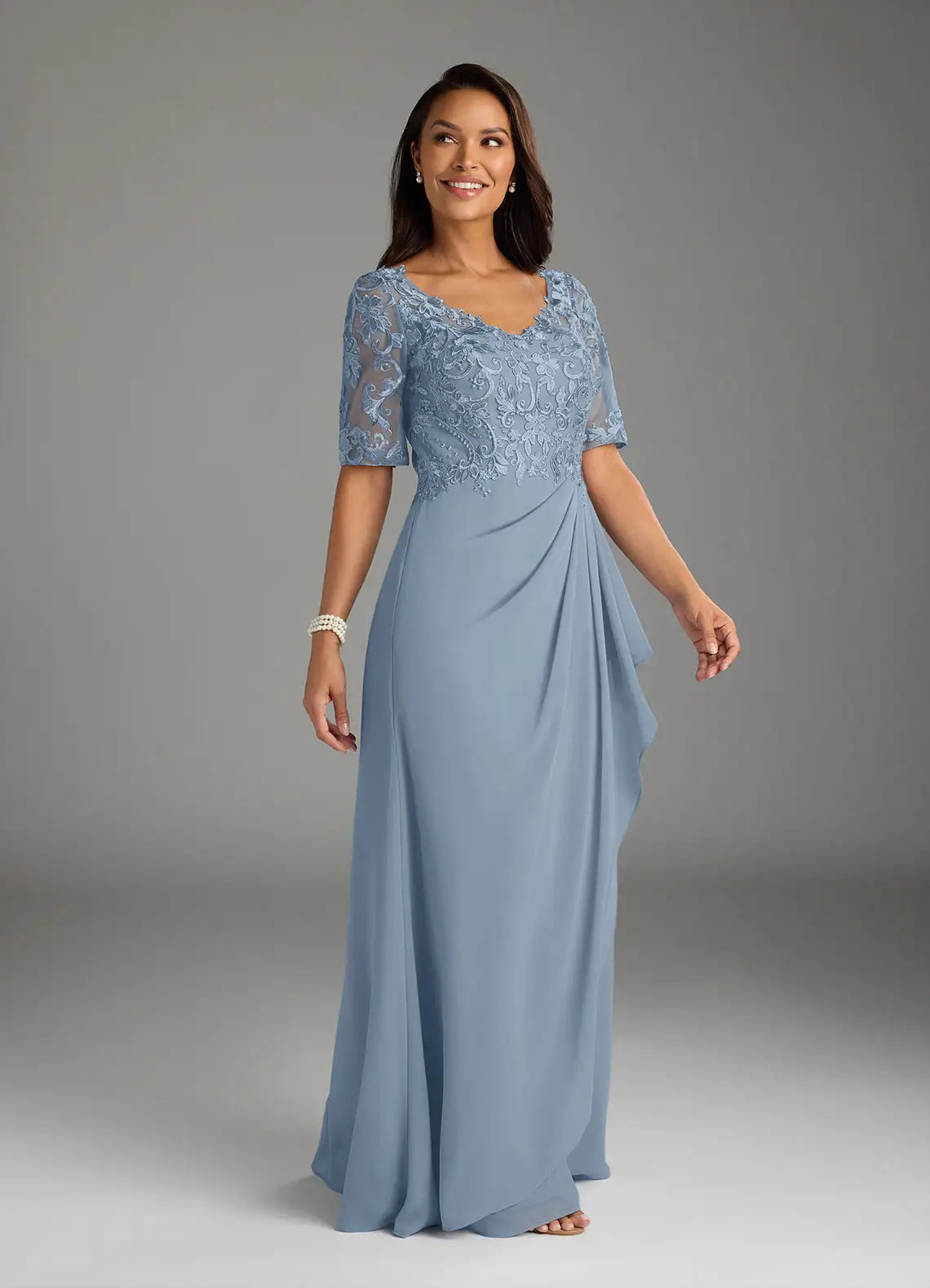 Elegant V-Neck Half-Sleeve Lace Chiffon Maxi Ruffle Mother of the Bride Dress