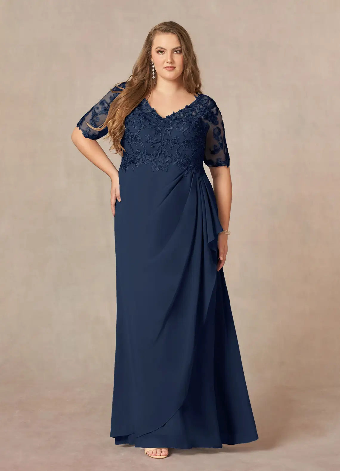 Elegant V-Neck Half-Sleeve Lace Chiffon Maxi Ruffle Mother of the Bride Dress