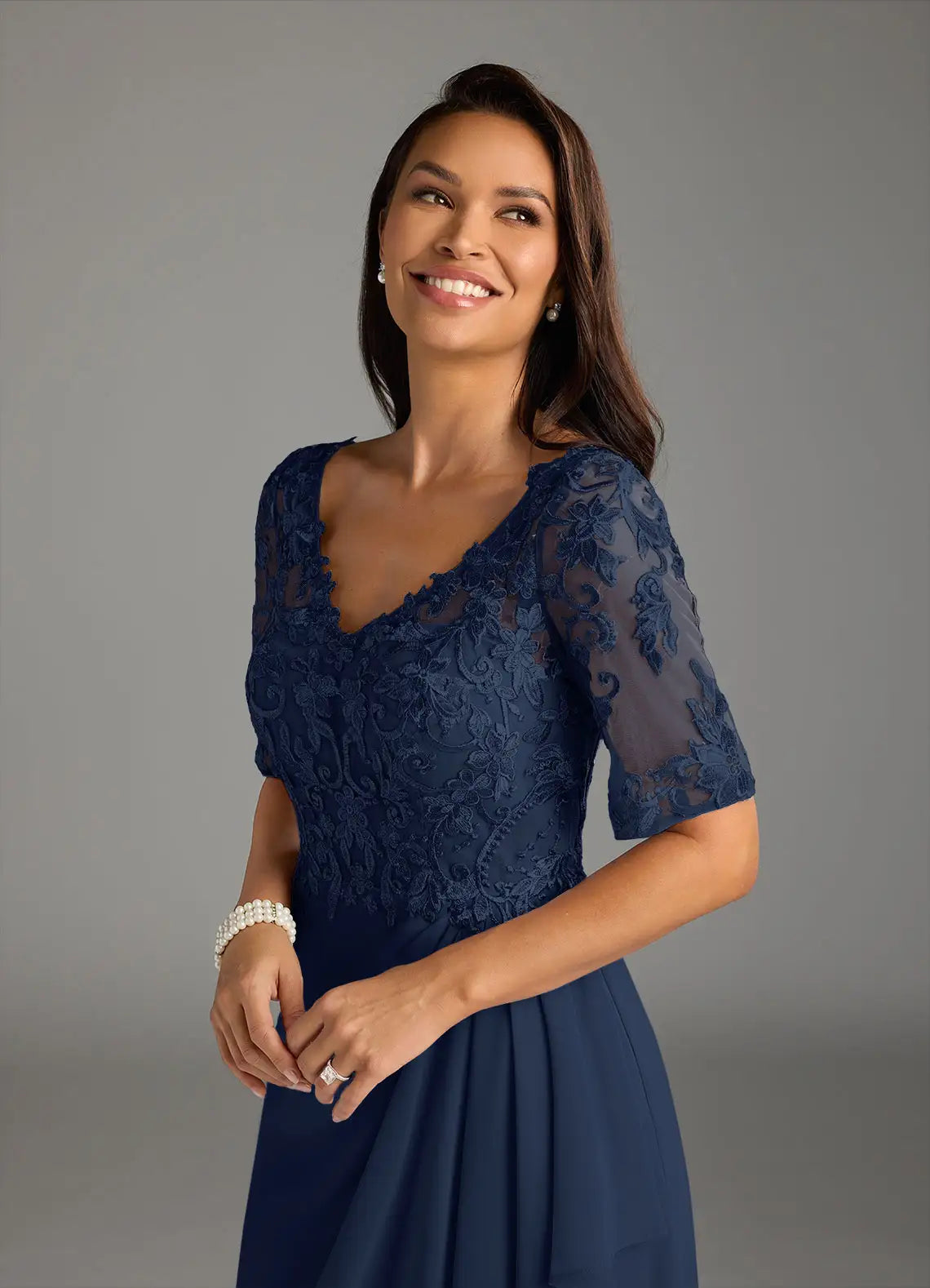 Elegant V-Neck Half-Sleeve Lace Chiffon Maxi Ruffle Mother of the Bride Dress