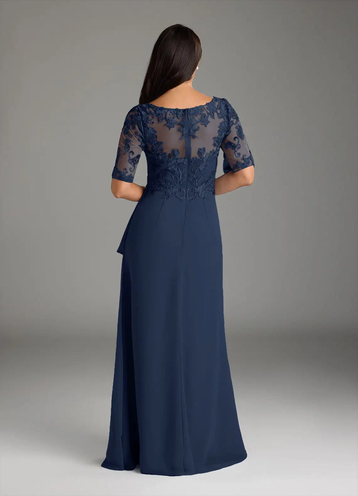 Elegant V-Neck Half-Sleeve Lace Chiffon Maxi Ruffle Mother of the Bride Dress