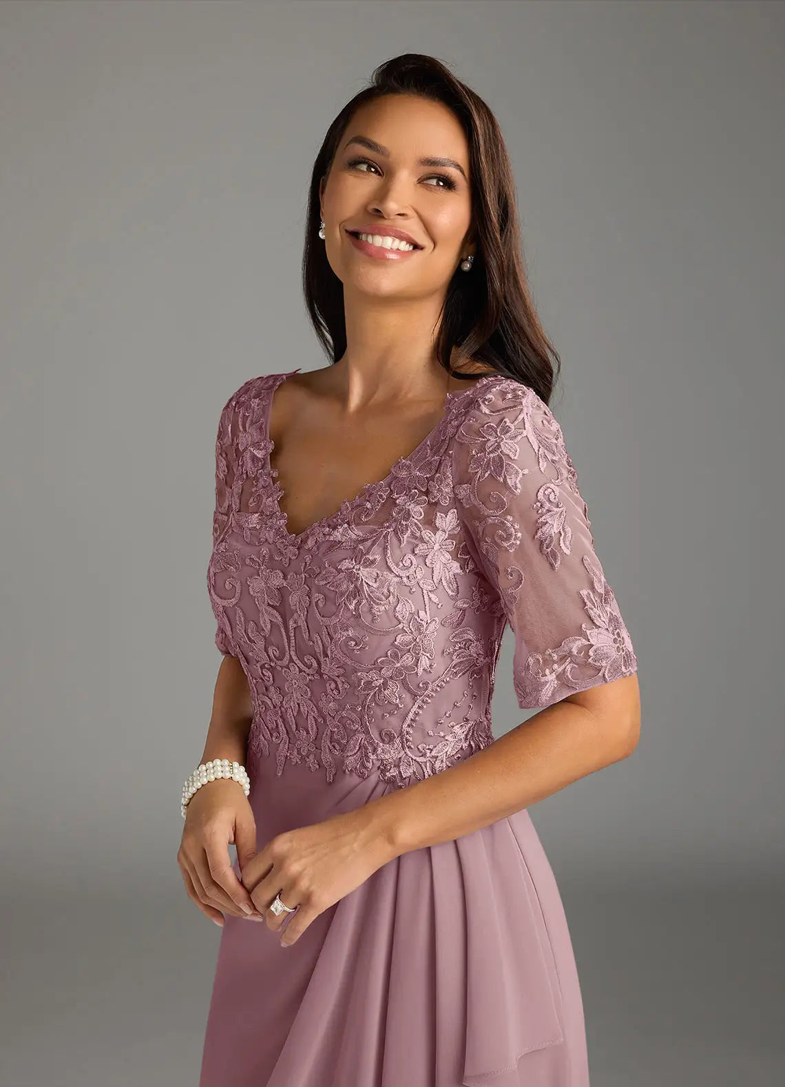 Elegant V-Neck Half-Sleeve Lace Chiffon Maxi Ruffle Mother of the Bride Dress