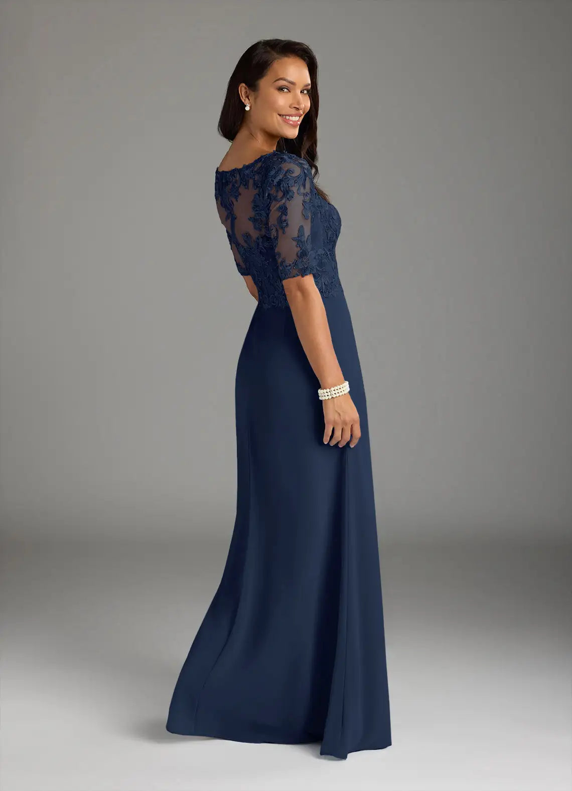 Elegant V-Neck Half-Sleeve Lace Chiffon Maxi Ruffle Mother of the Bride Dress