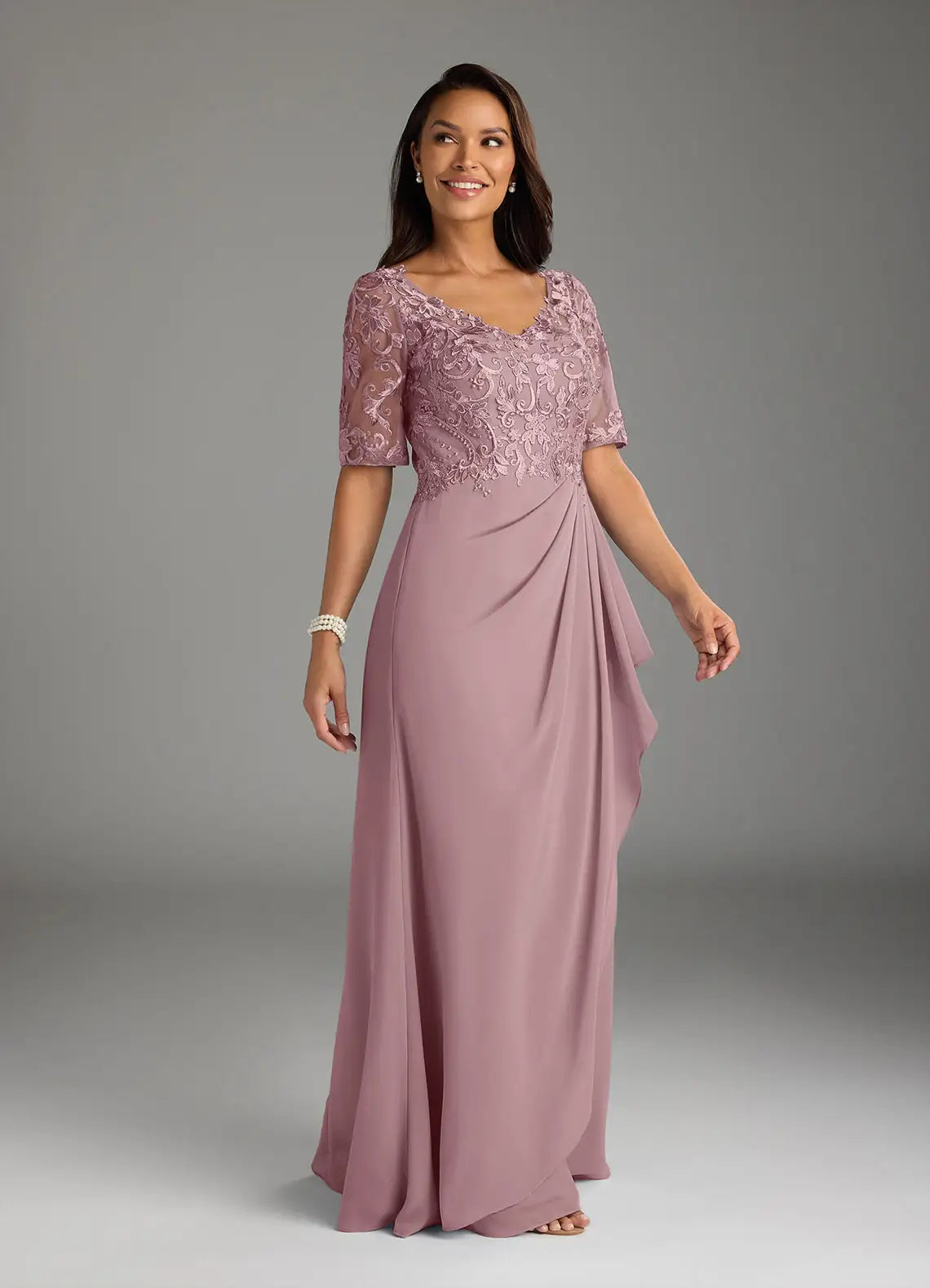 Elegant V-Neck Half-Sleeve Lace Chiffon Maxi Ruffle Mother of the Bride Dress