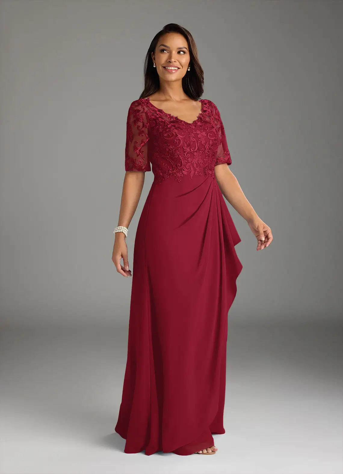 Elegant V-Neck Half-Sleeve Lace Chiffon Maxi Ruffle Mother of the Bride Dress