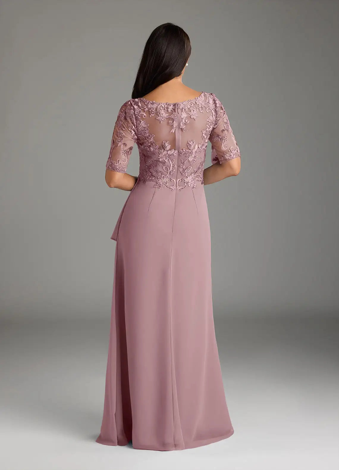 Elegant V-Neck Half-Sleeve Lace Chiffon Maxi Ruffle Mother of the Bride Dress