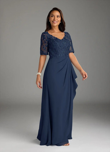 Elegant V-Neck Half-Sleeve Lace Chiffon Maxi Ruffle Mother of the Bride Dress