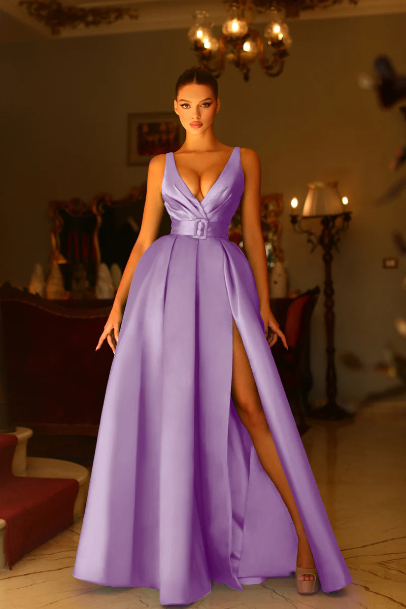 Vestido de noche formal elegante de satén con cuello en V, cinturón, abertura alta y corte en A