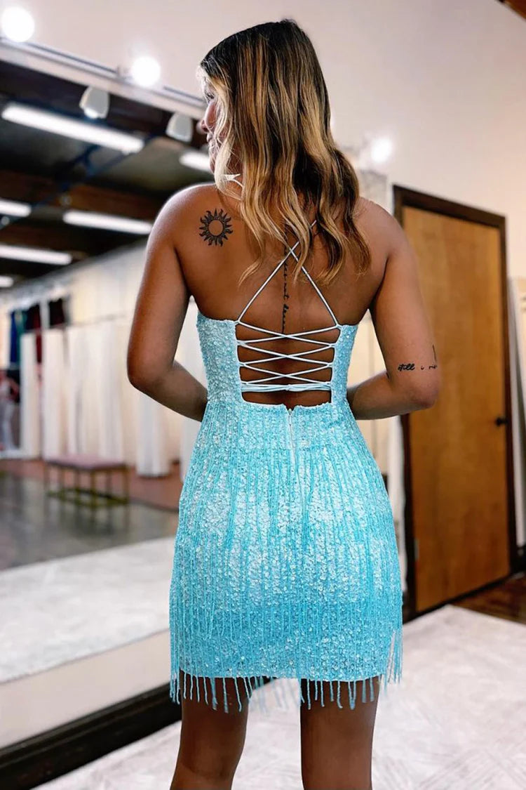 V Neck Sequin Mini Lace Up Back Bodycon Homecoming Dress Mini Party Dresses with Tassel