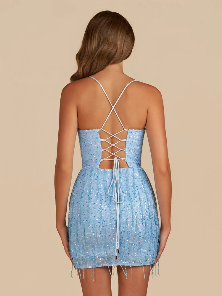 V Neck Sequin Mini Lace Up Back Bodycon Homecoming Dress Mini Party Dresses with Tassel