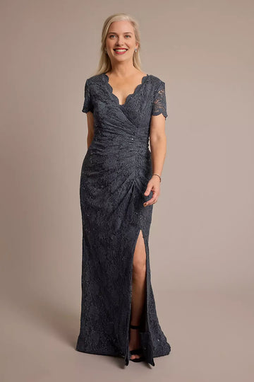 Elegant Slim Fit V-Neck Short Sleeve Lace Sequin Evening Gown Mother of the Bride Dress