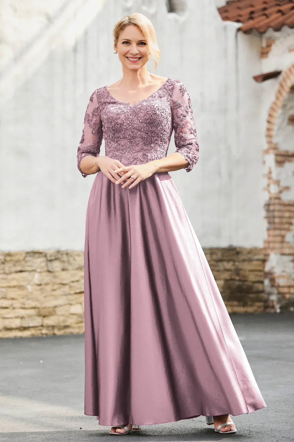 V-Neck Three-Quarter Sleeve Lace Mother of the Bride Dress Satin A-Line Formal Gown