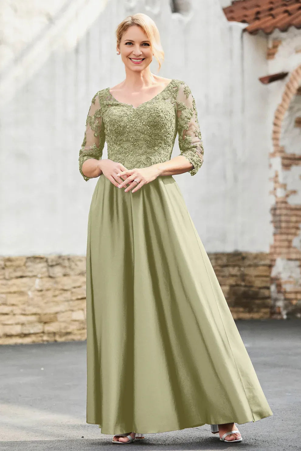 V-Neck Three-Quarter Sleeve Lace Mother of the Bride Dress Satin A-Line Formal Gown