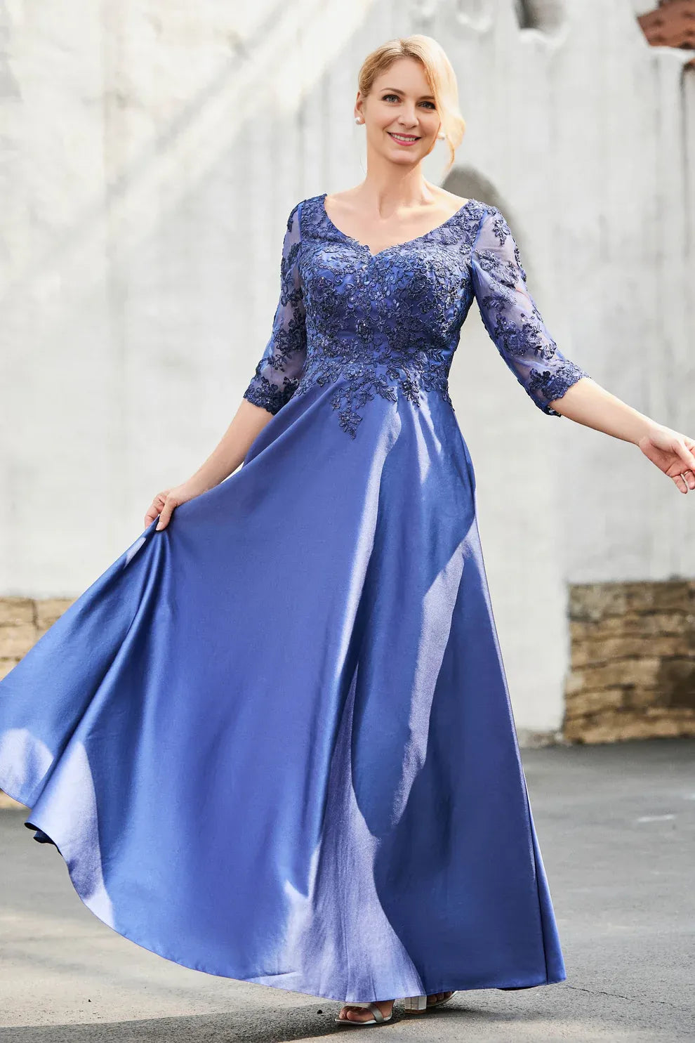 V-Neck Three-Quarter Sleeve Lace Mother of the Bride Dress Satin A-Line Formal Gown