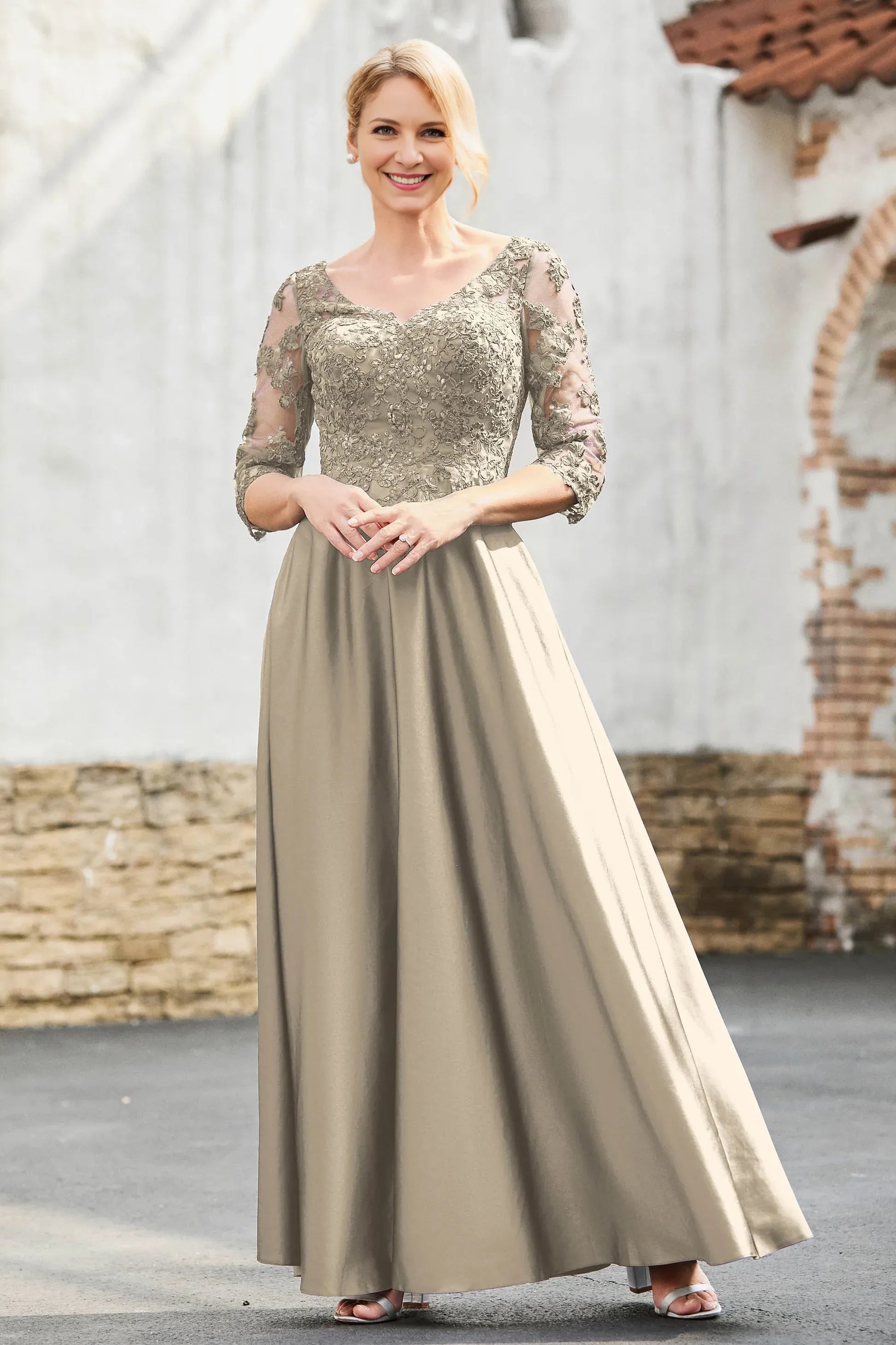 V-Neck Three-Quarter Sleeve Lace Mother of the Bride Dress Satin A-Line Formal Gown