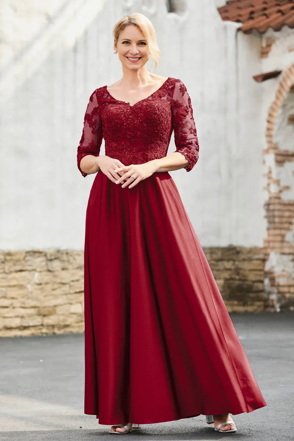 V-Neck Three-Quarter Sleeve Lace Mother of the Bride Dress Satin A-Line Formal Gown