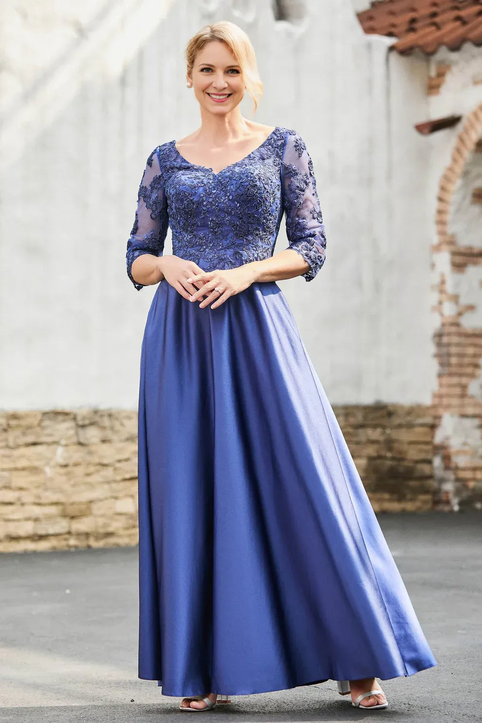 V-Neck Three-Quarter Sleeve Lace Mother of the Bride Dress Satin A-Line Formal Gown
