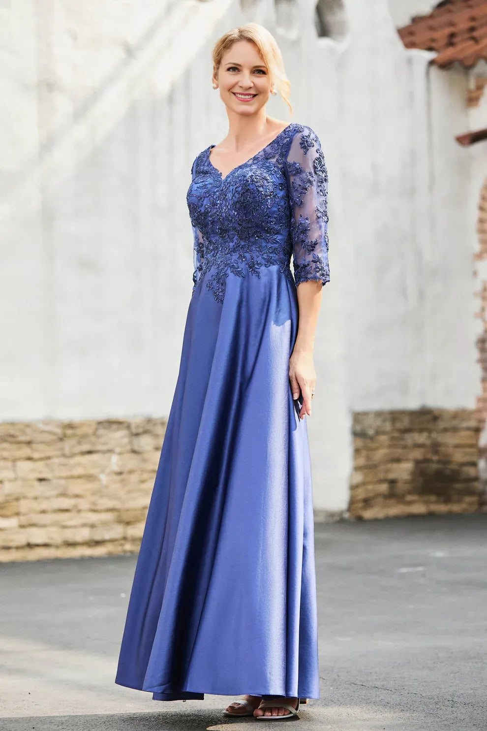 V-Neck Three-Quarter Sleeve Lace Mother of the Bride Dress Satin A-Line Formal Gown
