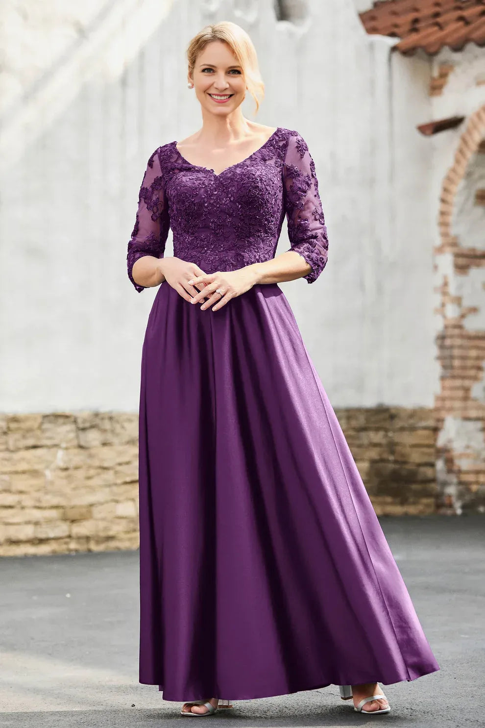 V-Neck Three-Quarter Sleeve Lace Mother of the Bride Dress Satin A-Line Formal Gown