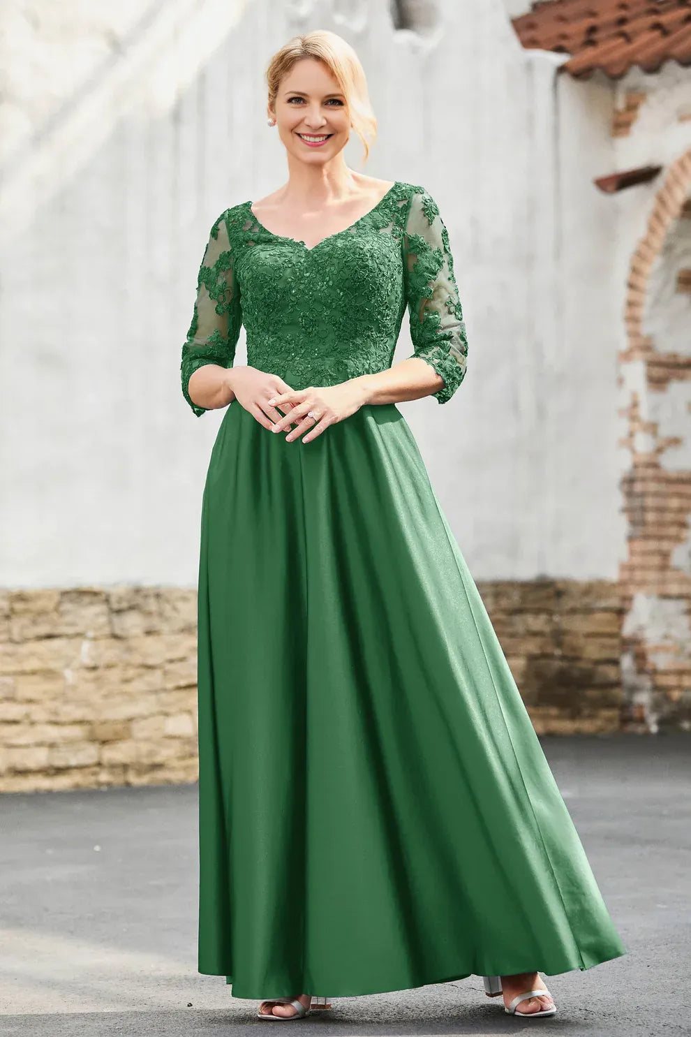 V-Neck Three-Quarter Sleeve Lace Mother of the Bride Dress Satin A-Line Formal Gown