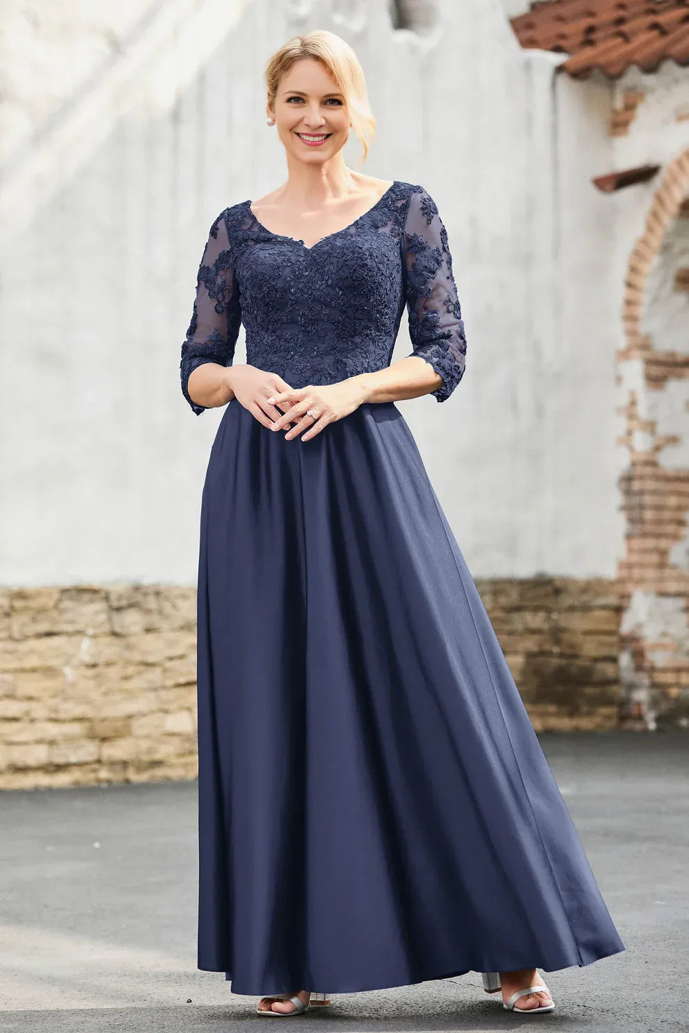 V-Neck Three-Quarter Sleeve Lace Mother of the Bride Dress Satin A-Line Formal Gown