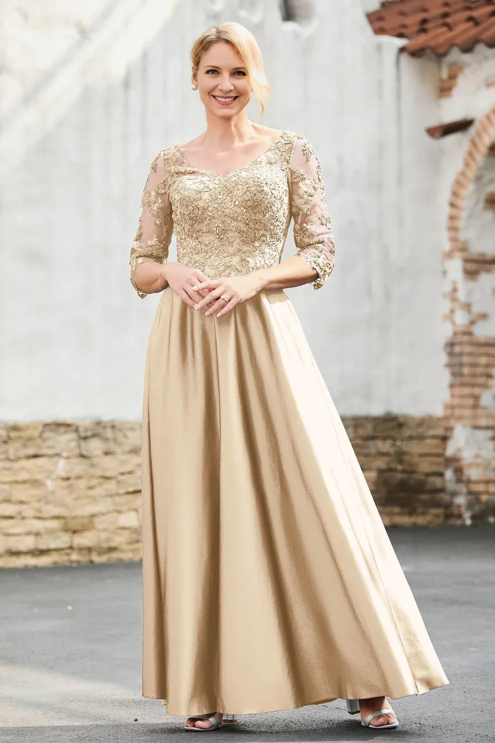 V-Neck Three-Quarter Sleeve Lace Mother of the Bride Dress Satin A-Line Formal Gown