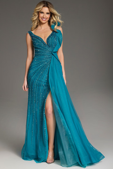 Glamorous Mermaid V-Neck Tulle Maxi Beaded Evening Dress with Embellished Bodice and Draped