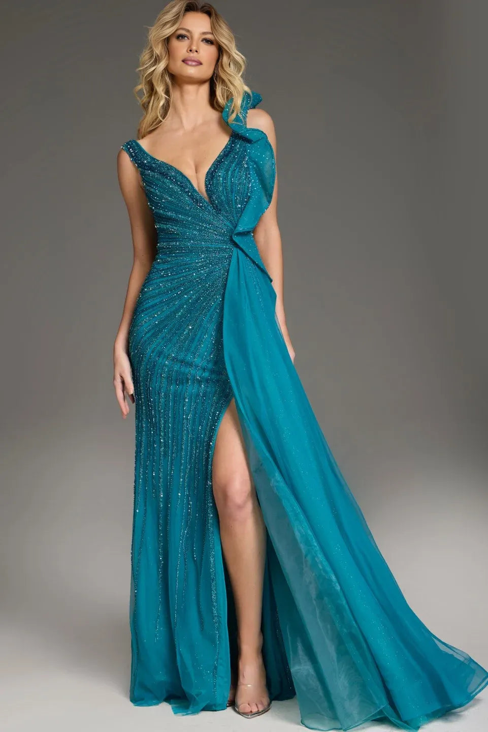 Glamorous Mermaid V-Neck Tulle Maxi Beaded Evening Dress with Embellished Bodice and Draped