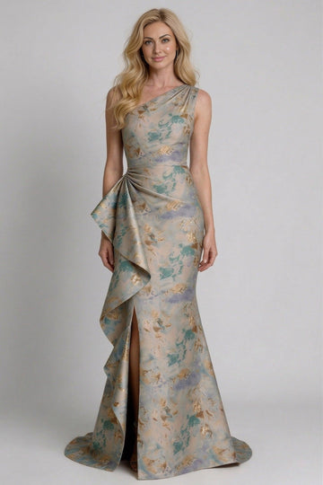 Vedress One Shoulder Jacquard Mermaid Mother Of Bride Gown With Side Ruffle Slit