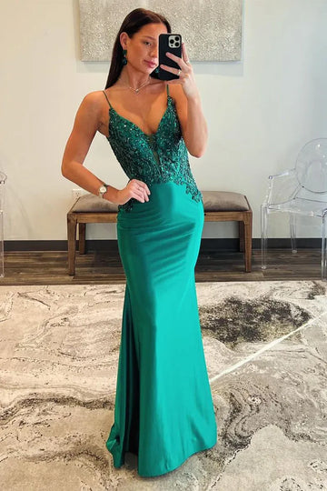 Vedress Emerald Green Beaded Lace Satin Mermaid Prom Dress with Deep Open Back