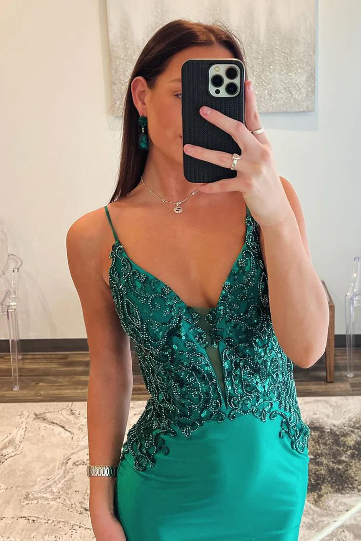 Vedress Emerald Green Beaded Lace Satin Mermaid Prom Dress with Deep Open Back
