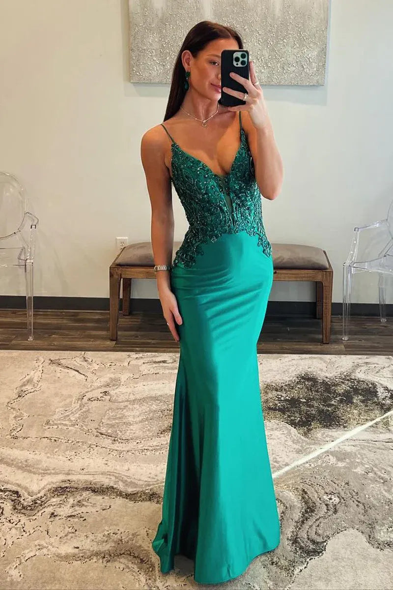Vedress Emerald Green Beaded Lace Satin Mermaid Prom Dress with Deep Open Back
