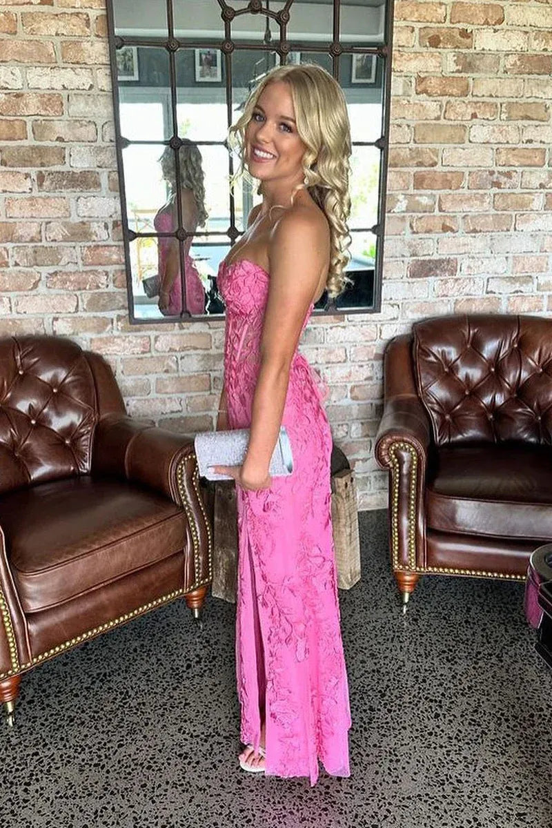 Vedress Hot Pink Strapless Sweetheart Lace Mermaid Prom Dress with Corset Bodice & High Slit