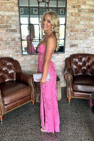 Vedress Hot Pink Strapless Sweetheart Lace Mermaid Prom Dress with Corset Bodice & High Slit