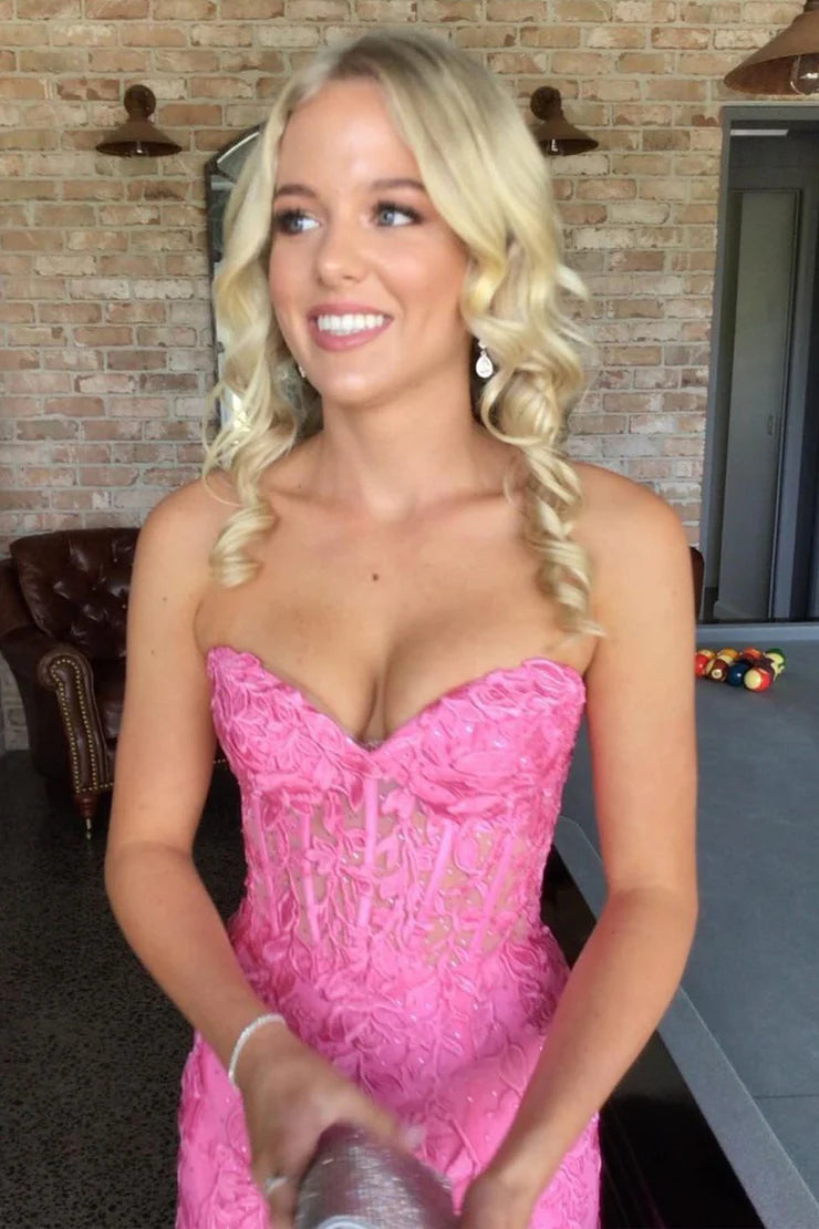 Vedress Hot Pink Strapless Sweetheart Lace Mermaid Prom Dress with Corset Bodice & High Slit