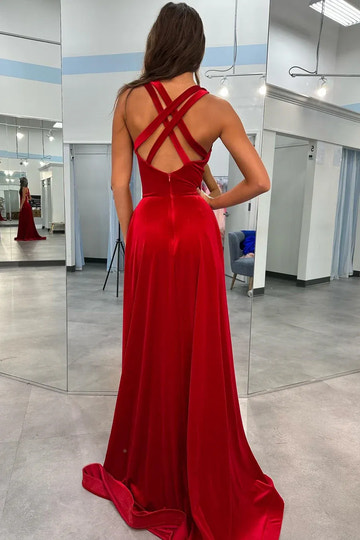 Vestido de gala largo hasta el suelo de terciopelo con cuello en V, sin mangas y espalda cruzada